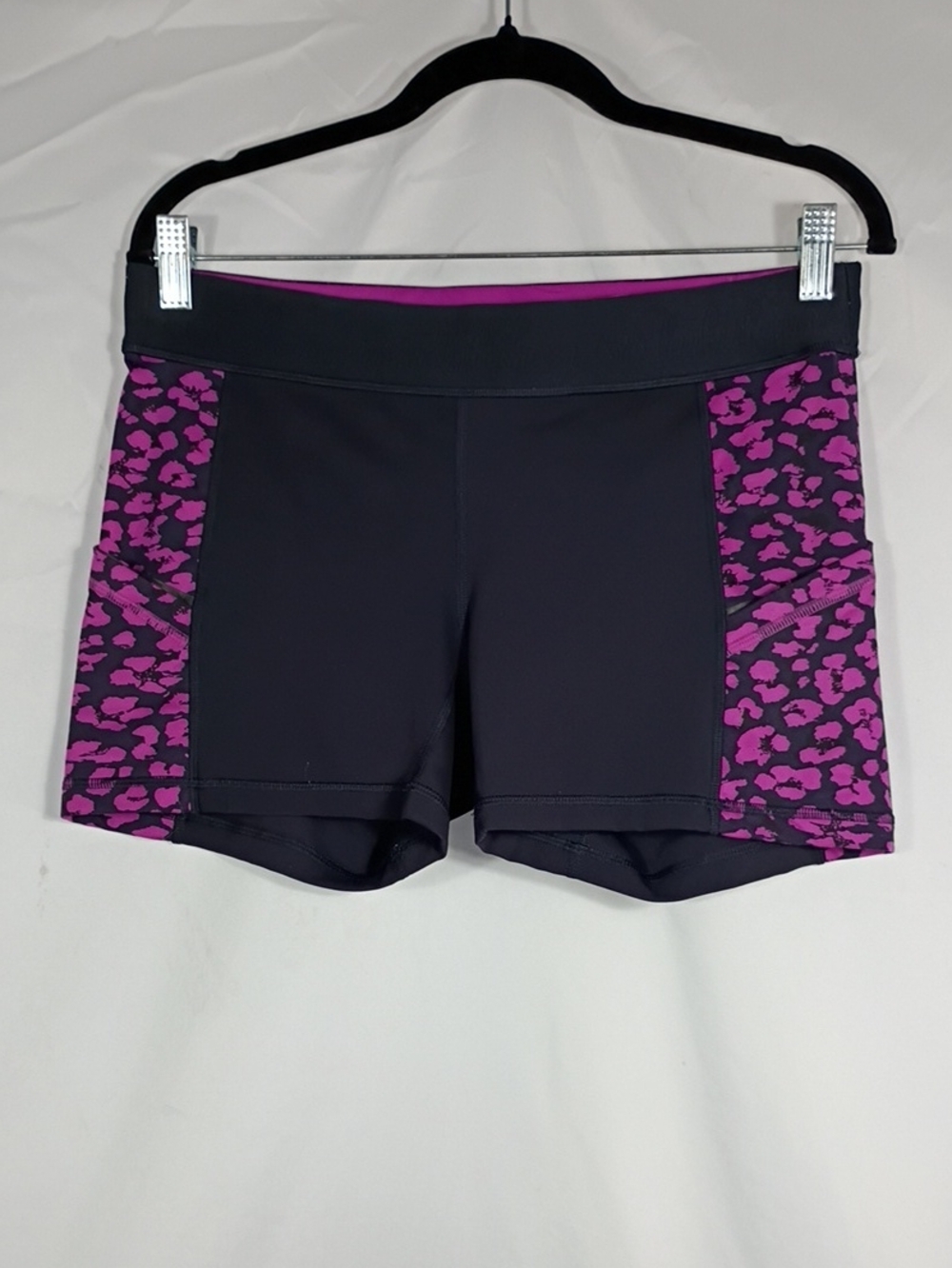 EUC lululemon athletica Black Bike Shorts with Purple Leopard Panels Size 10
